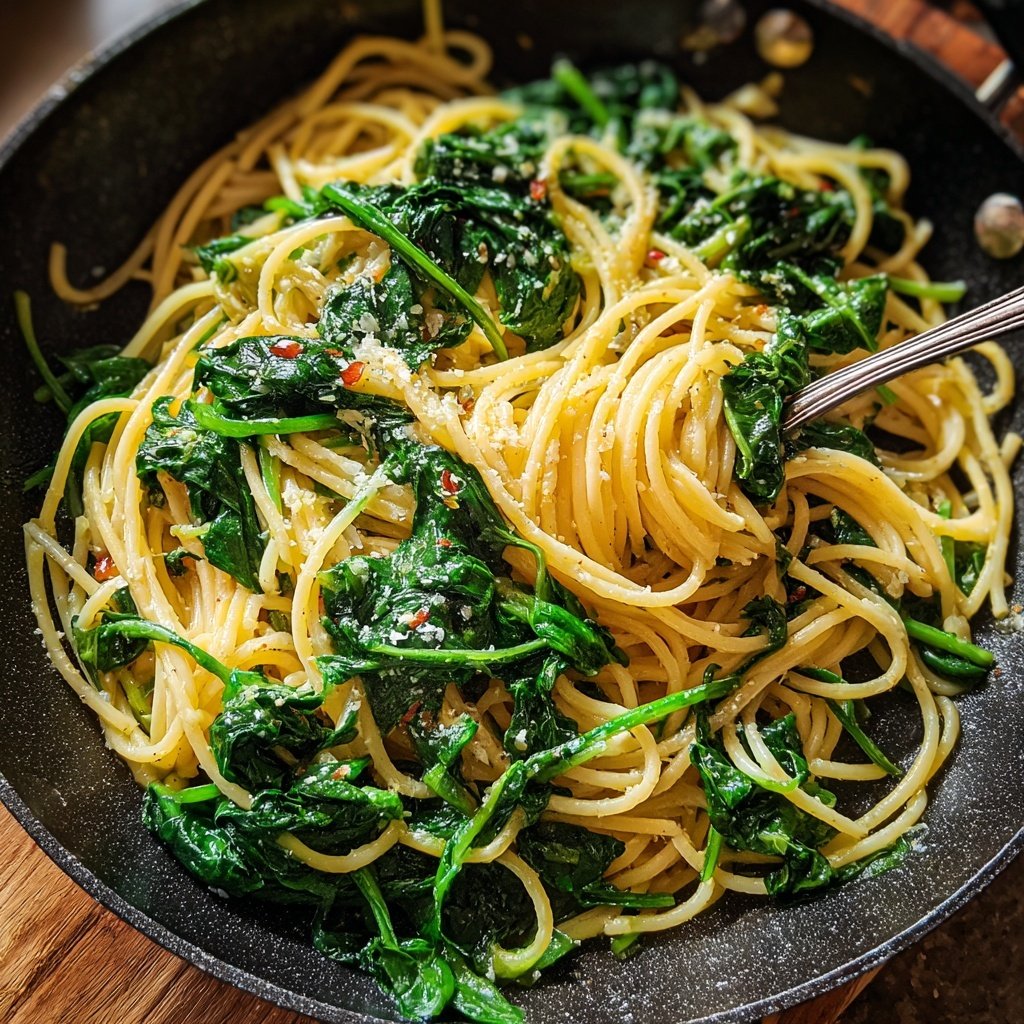 Mittagessen mit Nudeln und Spinat